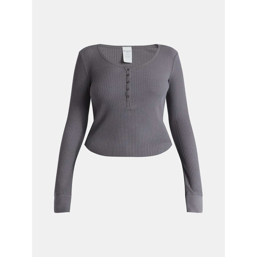 Scoop Neck Y2K Vibe Ribbed Shirttail Henley Top Medium Charcoal Gray Shirt NWT - Picture 4 of 11
